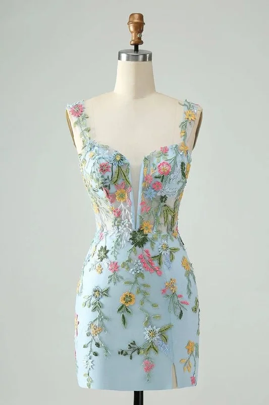 Get It Before It’s Gone party dressBlue Flower Bodycon Spaghetti Straps Embroidered Short Homecoming Dress Get It Before It’s Gone party dressBlue Flower Bodycon Spaghetti Straps Embroidered Short Homecoming Dress