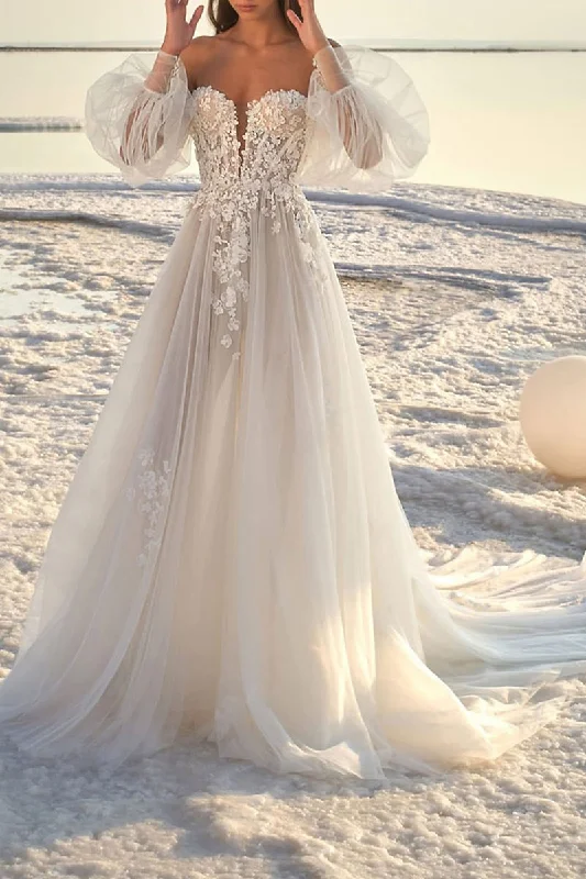 Deal Dash flowy dressBeach Formal Wedding Dresses Court Train A-Line Lace Appliques Long Sleeves Summer Bridal Gown QW2377