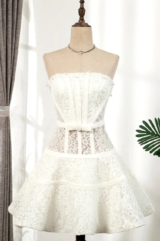 Sale Event winter dressIvory Strapless Pearl Beaded Lace Homecoming Dress with Bow