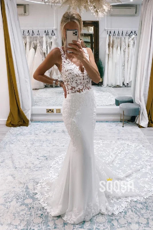 Can't Miss t-shirt dressSexy V-Neck Lace Appliques Mermaid Wedding Dress QW2504