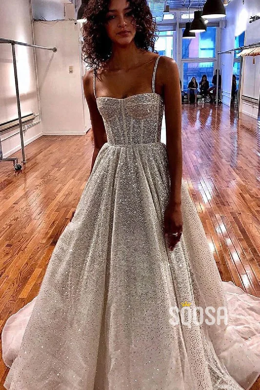 Super Bargain sleek midi dressSpaghetti Straps Sequins A-line Sparkly Wedding Dress Bridal Gown QW2513