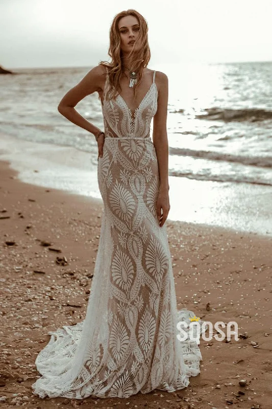 Best Bargains tiered dressPlunging V-Neck Sheath Lace Bohemian Wedding Dress QW2135