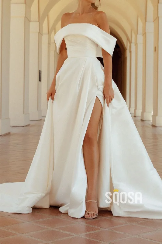Reduced Prices flowy maxi dressSatin A-Line Off-Shoulder Ruched With Side Slit Wedding Dress QW8178