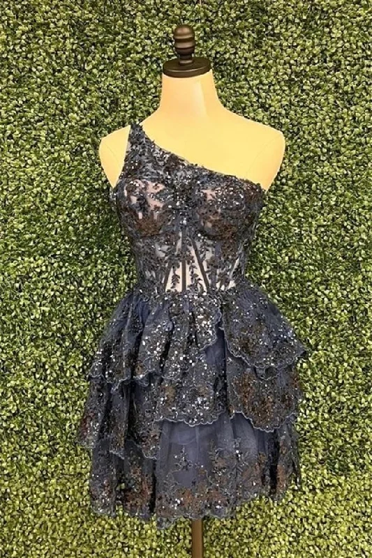 Stock Up and Save evening dressBlack One Shoulder A-line Sequined Appliques Multi-Layers Homecoming Dress Stock Up and Save evening dressBlack One Shoulder A-line Sequined Appliques Multi-Layers Homecoming Dress