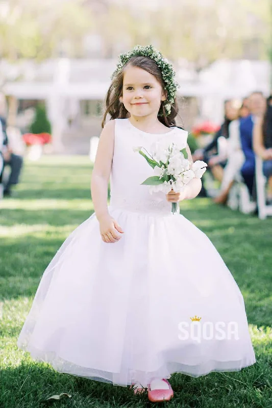 Warehouse Sale cocktail dressRound Neckline White Tulle A-Line Simple Flower Girl Dress QF0818