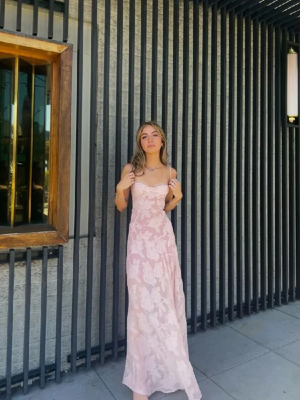 Take Advantage off-the-shoulder dressWomen's Elegant Floral Printed Mesh Maxi Dress Sexy See-through Pink Prom Dress Y2834