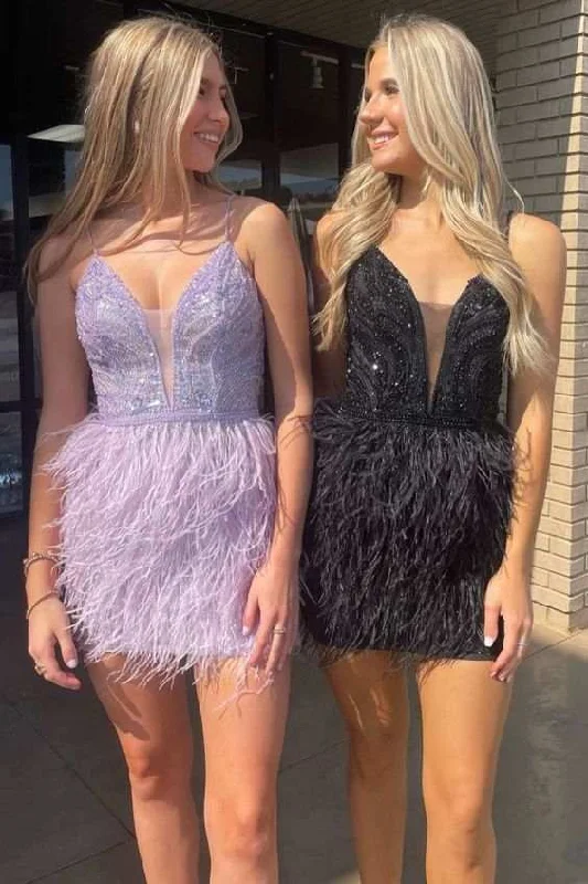 Limited Availability sleek dressBlack Plunging V Neck beading-embroidered Homecoming Dress with Feathers
