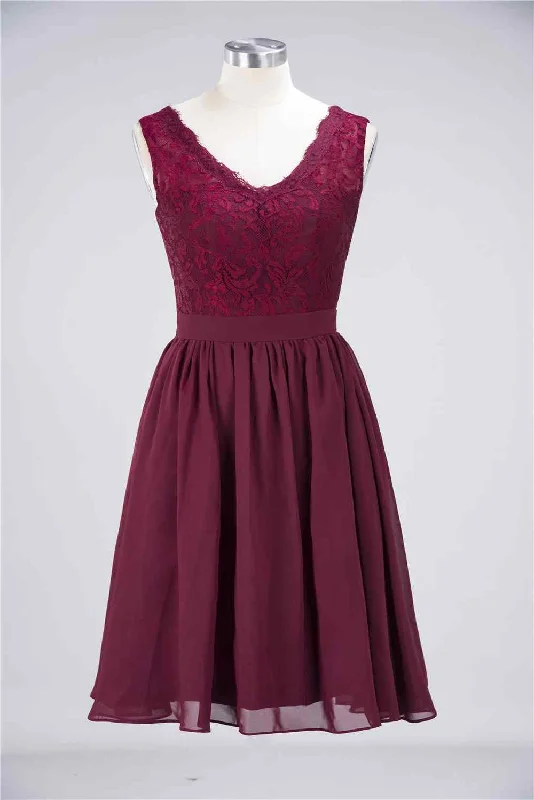 Final Clearance chic wrap dressBurgundy A-line Jewel Neck Lace Chiffon Mini Bridesmaid Dress