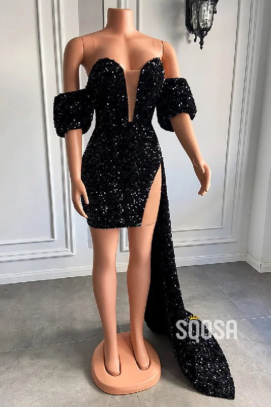 Don't Wait knit dressAttractive V-Neck Short Sleeves Sequins Sparkly Prom Dress for Black Girls Slay QP3103 Don't Wait knit dressAttractive V-Neck Short Sleeves Sequins Sparkly Prom Dress for Black Girls Slay QP3103