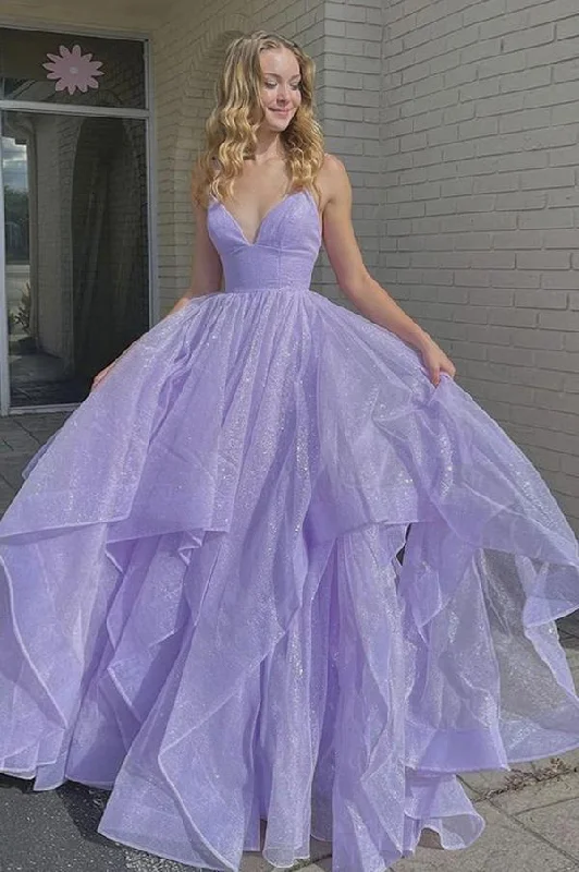 Savings Spectacular Princess Lavender Purple Tiered Spaghetti Straps Long Prom Evening Dress GJS190