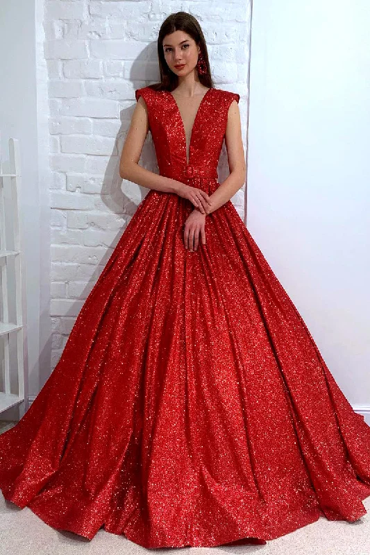The Best Prices mini dressAttractive V-neck Red Sparkly Prom Ball Gown QP0861