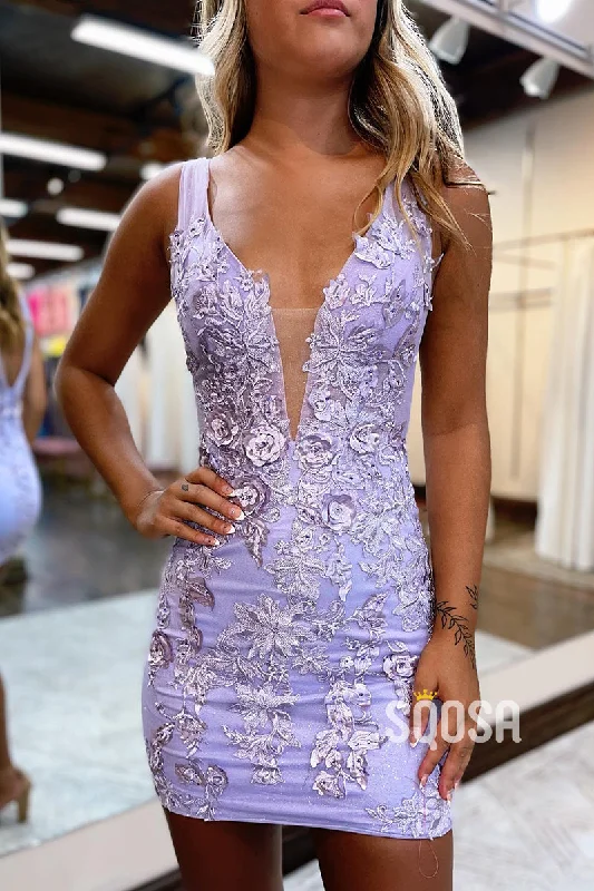 Take Advantage satin midi dressPlunging V-Neck Lace Appliques Short Homecoming Dress Tight QS2298