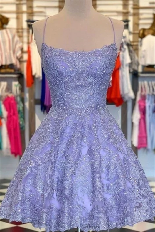 Buy More, Save More party-ready dressPurple Sleeveless V-neck Spaghetti-straps Tulle Applique Beaded Lace Homecoming Dress