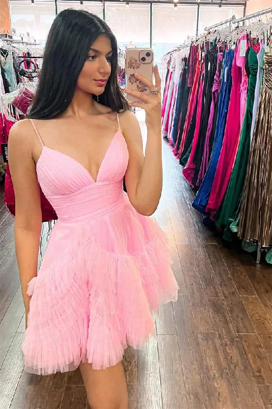 New Markdowns flowy maxi dressCute A Line V Neck Pink Tulle Short Homecoming Dresses
