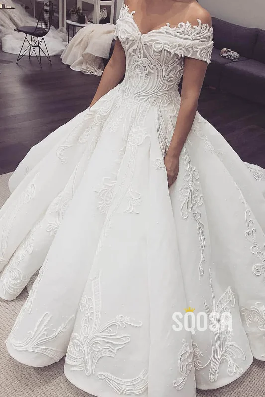 Closeout Sale ashionable dressBall Gown Unique Off-Shoulder Luxury Lace Wedding Dress QW2492