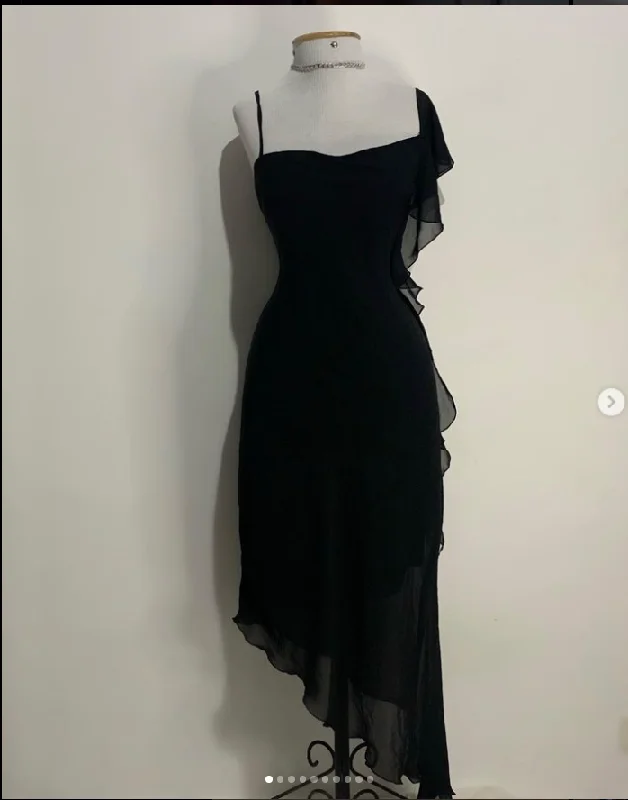 Deal Dash pleated dressBlack Chiffon Midi-length Prom Dress,Black Party Dress Y2921
