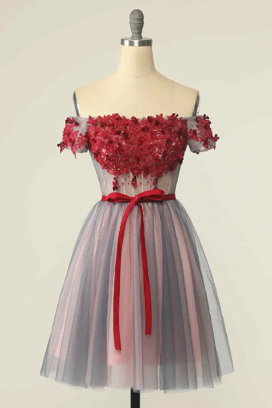 Deal Frenzy stylish dressGrey A-line Off-the-Shoulder Applique Lace-Up Mini Homecoming Dress