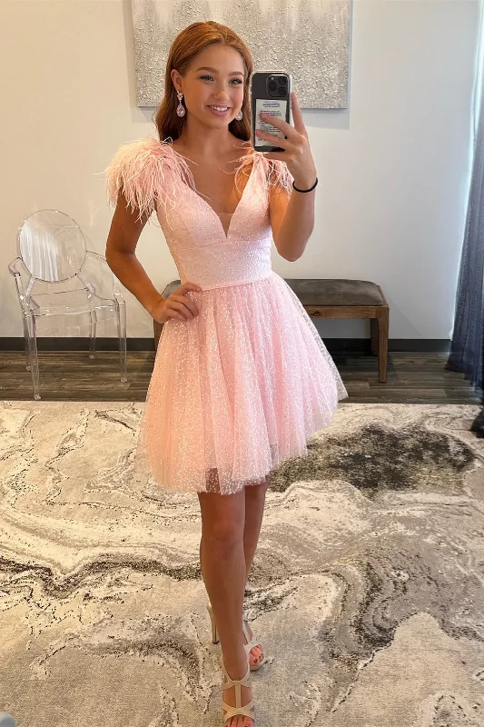 Today’s Deal flowy dressPink A-line Tulle Deep V Neck Beaded Homecoming Dress with Feathers Y2863