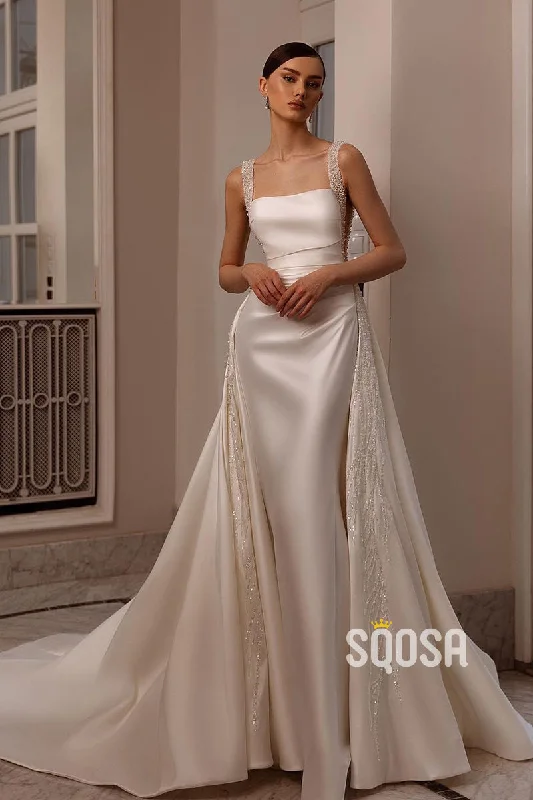 Bargain Bin summer floral dressA-Line Square Pearls Satin Casual Wedding Dress Bridal Gowns With Train QW8049