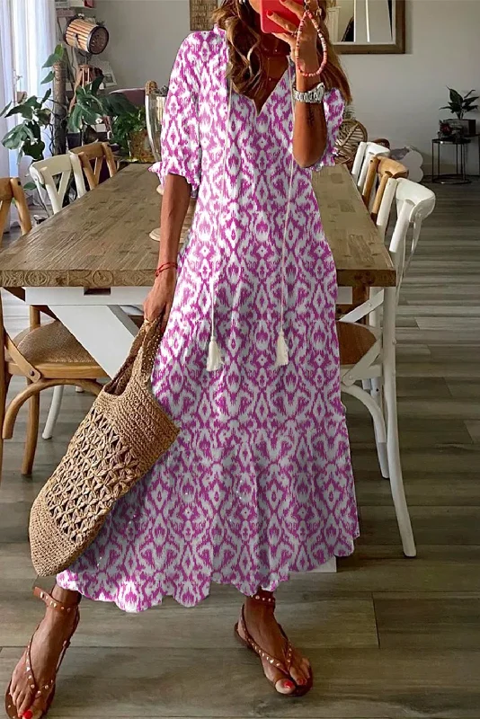 Buy More, Save More Pink V Neck Casual Geometric Print Maxi Dress