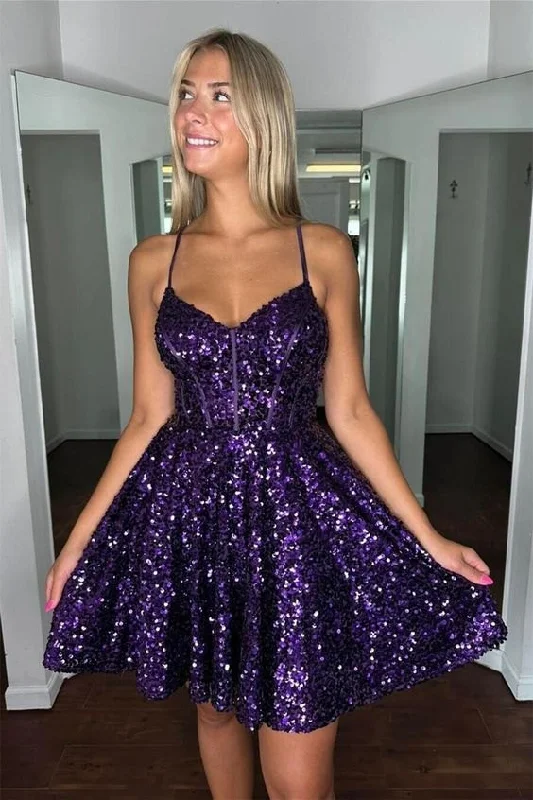 Savings Bonanza elegant shift dressPurple Sequin A-line Short Homecoming Dress