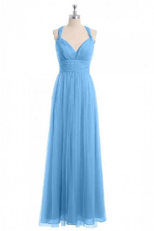 Hot Deal boho-chic dressBlue A-line Sheer Straps Cross Back Chiffon Long Bridesmaid Dress