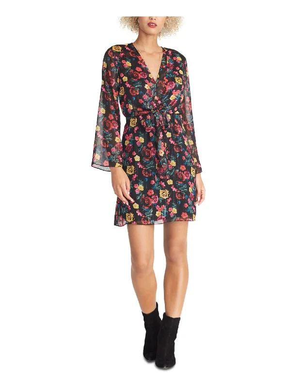 Super Sale RACHEL ROY Womens Sheer Tie Floral Long Sleeve V Neck Mini Party Sheath Dress