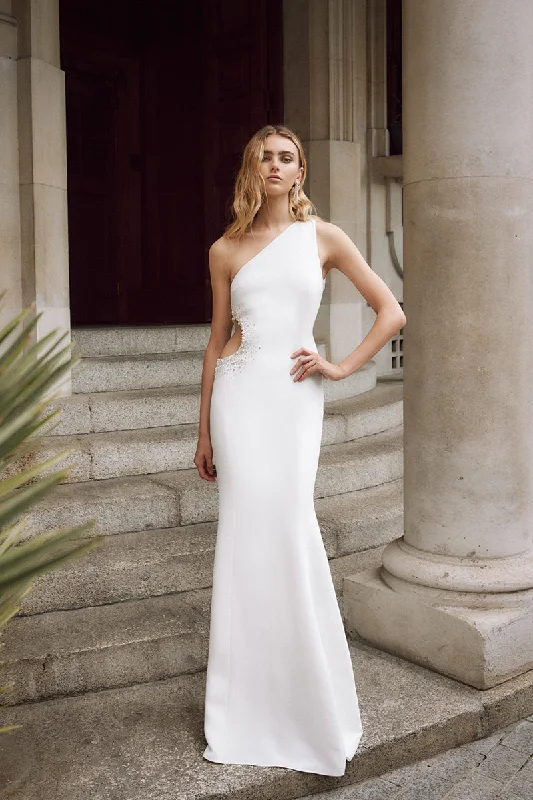 Today’s Deal office dressUnique One Shoulder Sati Beads Sheath Boho Wedding Dress Ivory Bridal Gown QW2356