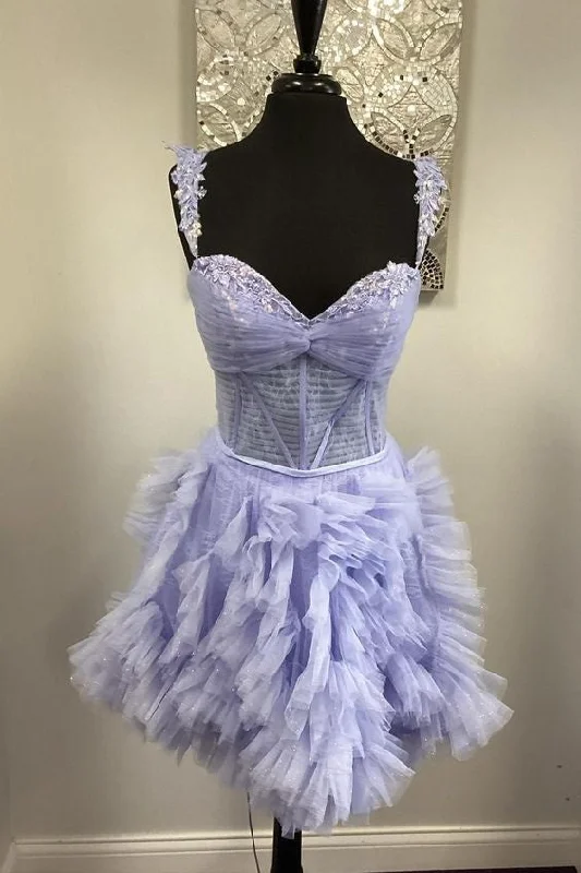 Super Deal floral wrap dressStraps A-line Ruffle Purple Short Homecoming Dress