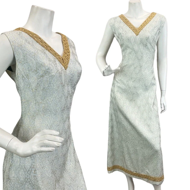 Closeout VINTAGE 60s 70s PASTEL BLUE GOLD EVENING DISCO PARTY EMBROIDERY MAXI DRESS 14 16