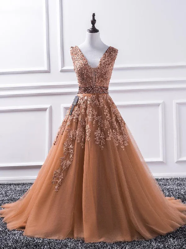 Discount Mania Chic Prom Dresses Aline Straps A-line Sweep Train Appliques Beautiful Prom Dress JKL1576