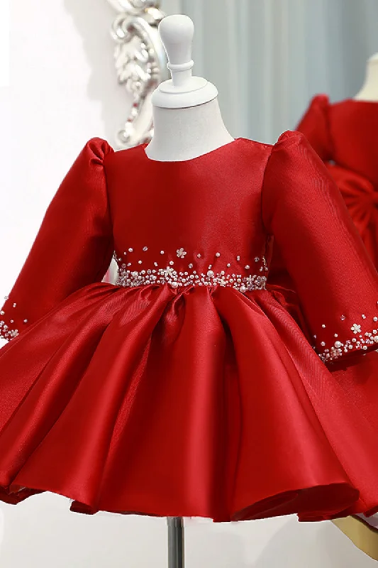 Low Prices office dressBall Gown Red Satin Long Sleeves Flower Girl Dress Cute First Communion Dress QF1033