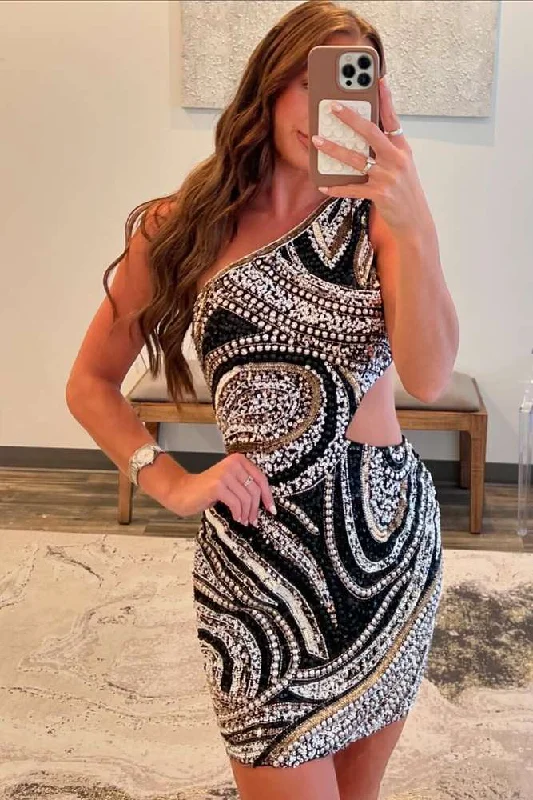 Bargain Blast oversized dressOne Shoulder Diamond Sequins Rhinestone Pearls Homecoming Dress