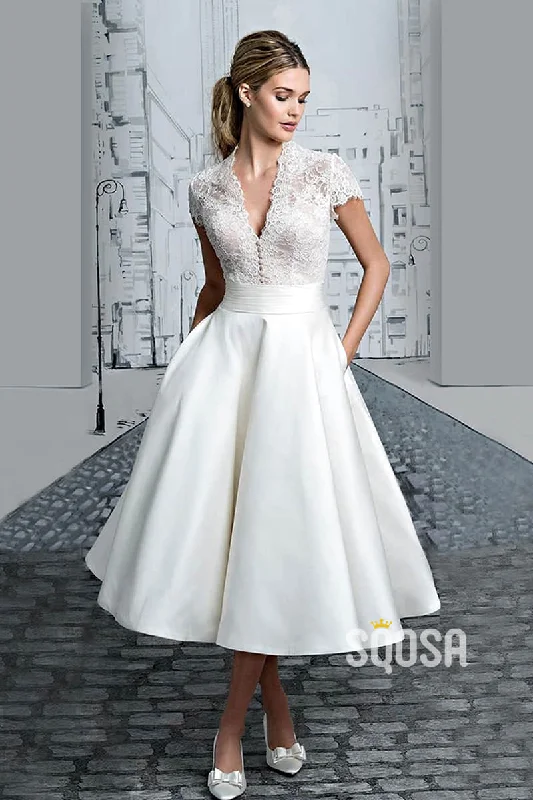 Deal Dash t-shirt dressSexy V-neck Cap Sleeves Lace Bodice Tea Length Beach Wedding Dress with Pockets QW2477