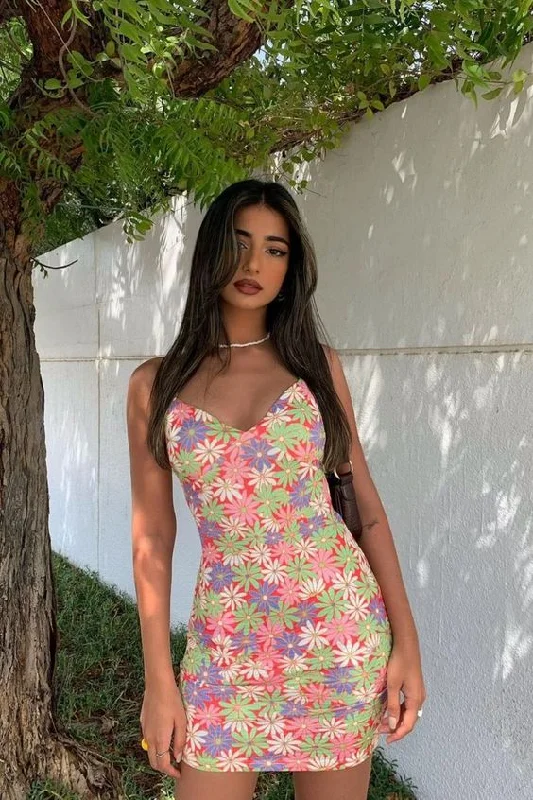 Deep Discounts form-fitting dressFloral Print Spaghetti Straps Mini Homecoming Dress Y2688