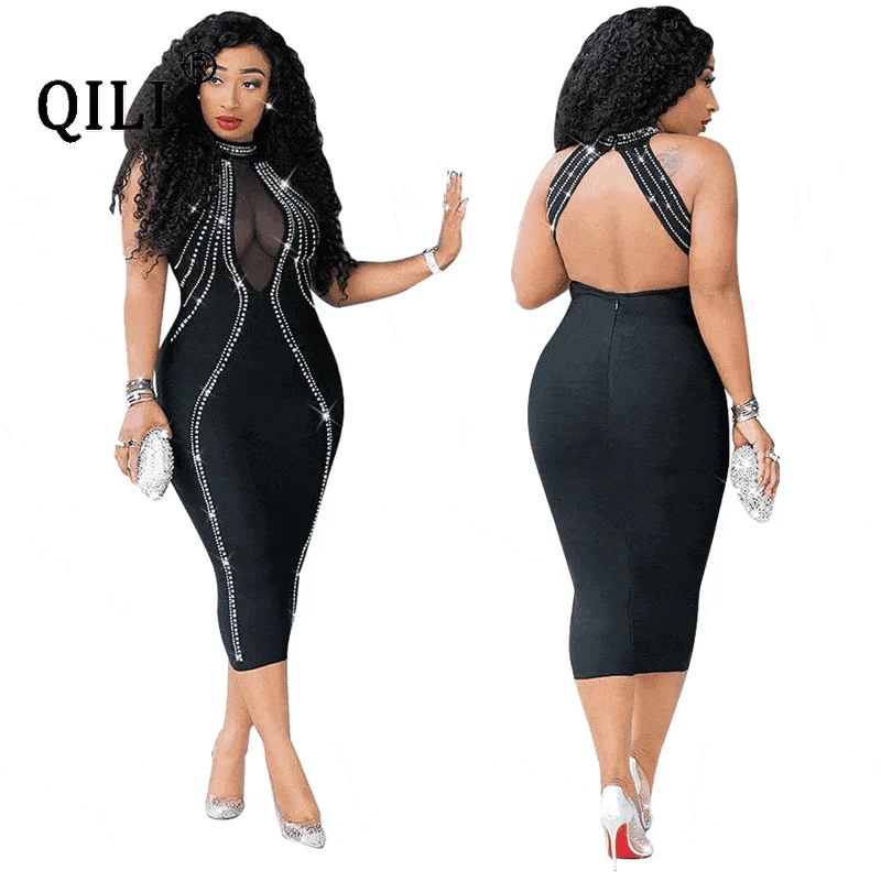 Deal Dash fashionable outerwearQILI Women Sexy Party Dress Sleeveless Backless Diamonds Rhinestone Dresses Black See Through Mesh Bodycon Dress