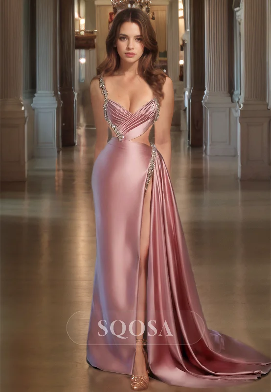 Price Cut off-the-shoulder dressV-Neck Sleeveless Spaghetti Straps with Beaded Sweep Train Slit Mermaid Prom Dress Price Cut off-the-shoulder dressV-Neck Sleeveless Spaghetti Straps with Beaded Sweep Train Slit Mermaid Prom Dress