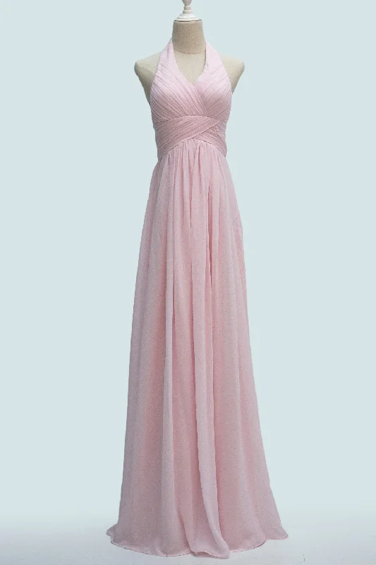 Final Markdown floral midi dressCandy Pink A-line Halter Neckline Pleated Long Bridesmaid Dress