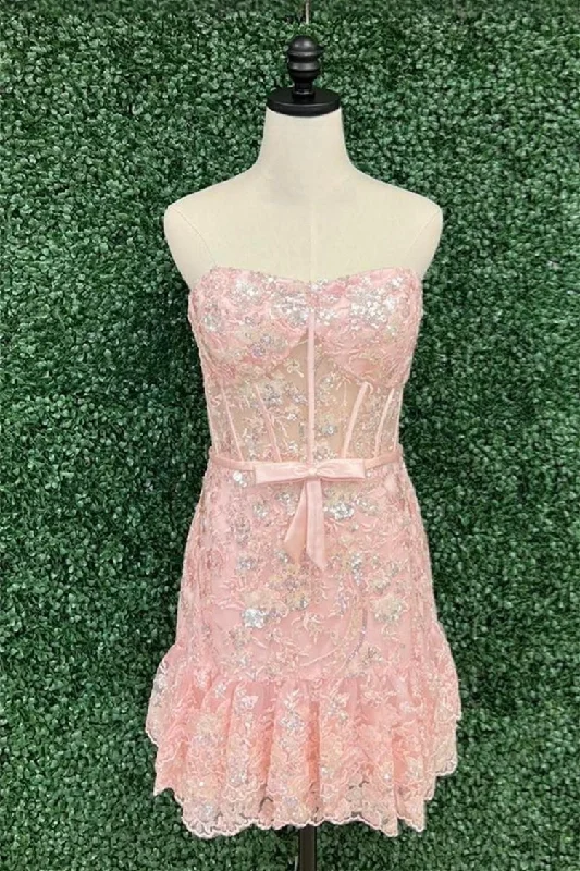 Weekend Deal summer floral dressBlush Pink Sheath Ruffle Layers Sequined Strapless Homecoming Dress