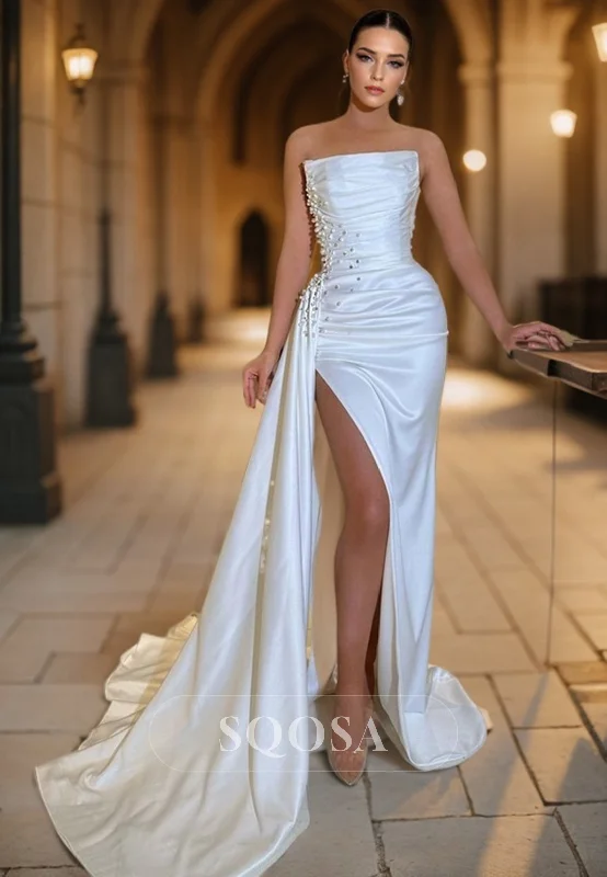 New Markdowns floral wrap dressSheath Strapless Satin Pleated Beads Long Prom Dress with Slit