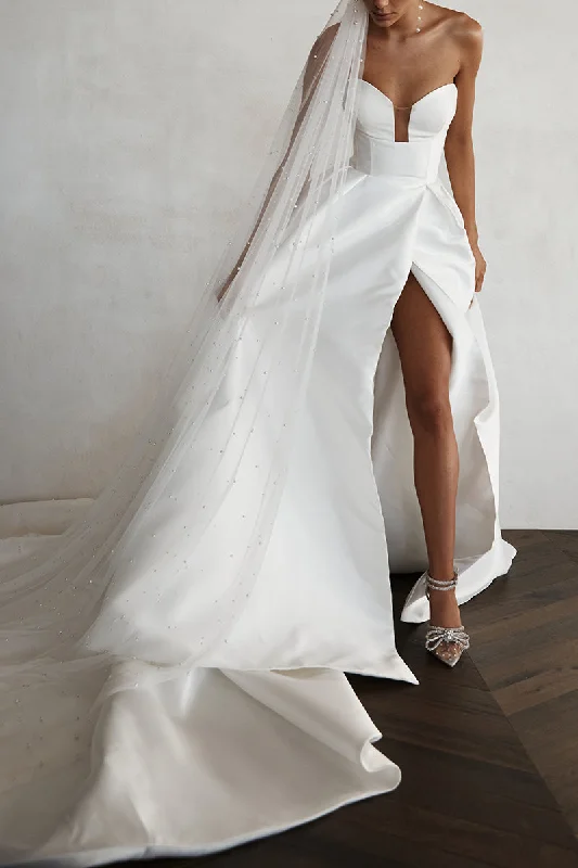 Exclusive Preview velvet dressA line V Neck Side Slit Satin Simple Wedding Dress Bridal Gown QW0902