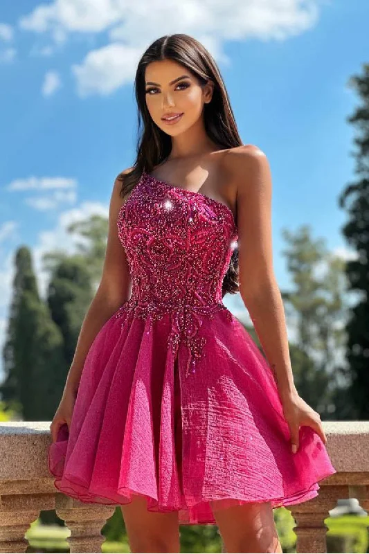 Weekend Flash Sale boho-chic dressA Line One Shoulder Beads Short Homecoming Dress Party Gown QH2485