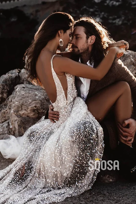 Referral Discount layered dressA-Line Sparkle Sequins Sexy V-neck Rustic Wedding Dress Backless QW0890 Referral Discount layered dressA-Line Sparkle Sequins Sexy V-neck Rustic Wedding Dress Backless QW0890