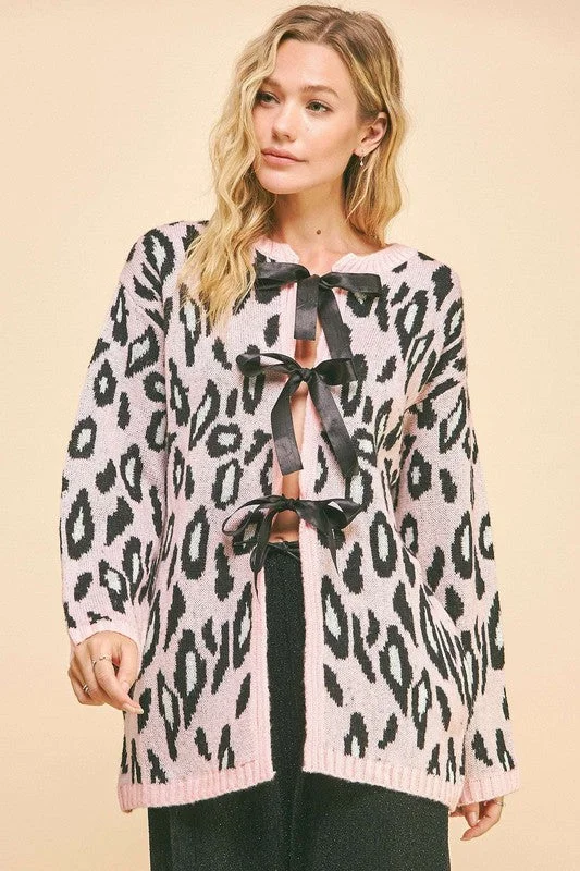 Closeout streetwear gym sweatshirtDavi & Dani Leopard Ribbon Tie Front Loose Fit Cardigan Closeout streetwear gym sweatshirtDavi & Dani Leopard Ribbon Tie Front Loose Fit Cardigan