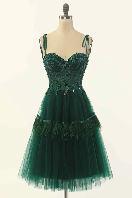 Amazing Deals evening dressDark Green A-line Bow Tie Straps Lace-Up Applique Mini Homecoming Dress