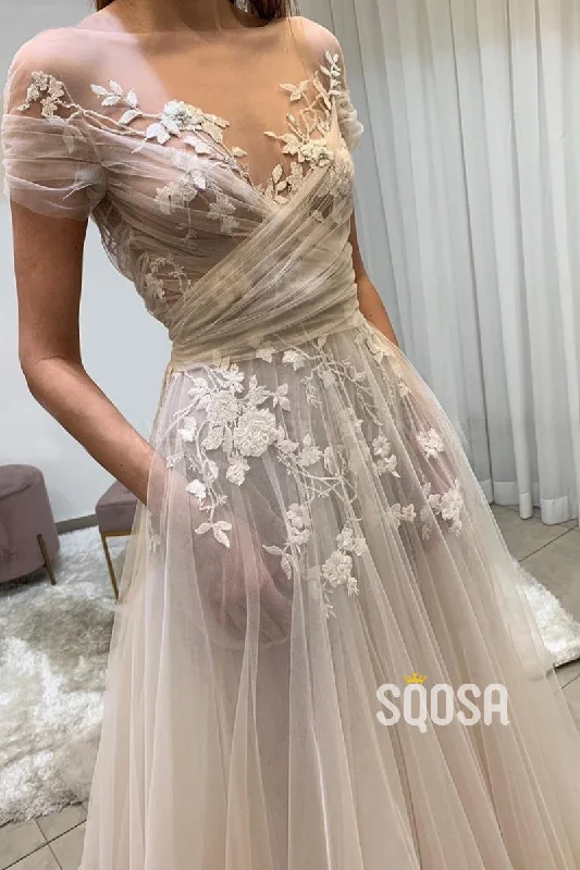 Warehouse Sale statement dressA-line Chic Illusion Neckline Appliques Country Wedding Dress with Sleeves QW2449 Warehouse Sale statement dressA-line Chic Illusion Neckline Appliques Country Wedding Dress with Sleeves QW2449