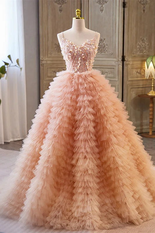 Seasonal Clearance floral wrap dressOrangepink Sequined A-line Multi-Layers Slip Long Prom Dress