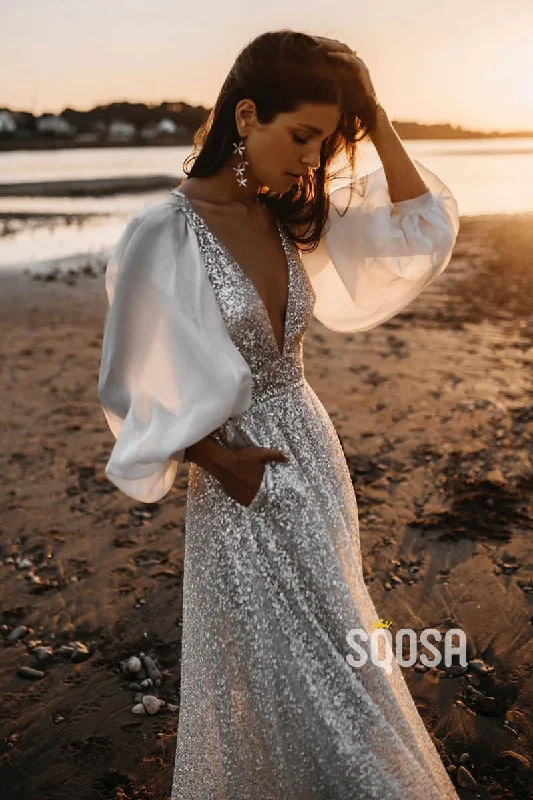 Must-Have Deals casual dressAttractive V-neck Bat Sleeves Sparkly Bohemian Wedding Dress QW2400
