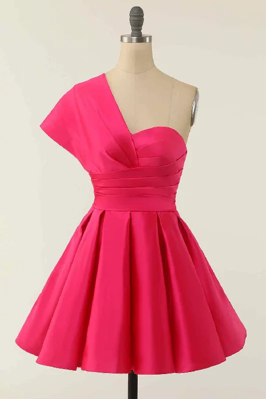 Savings Event denim dressRose Red A-line Asymmetrical Pleated Mini Homecoming Dress