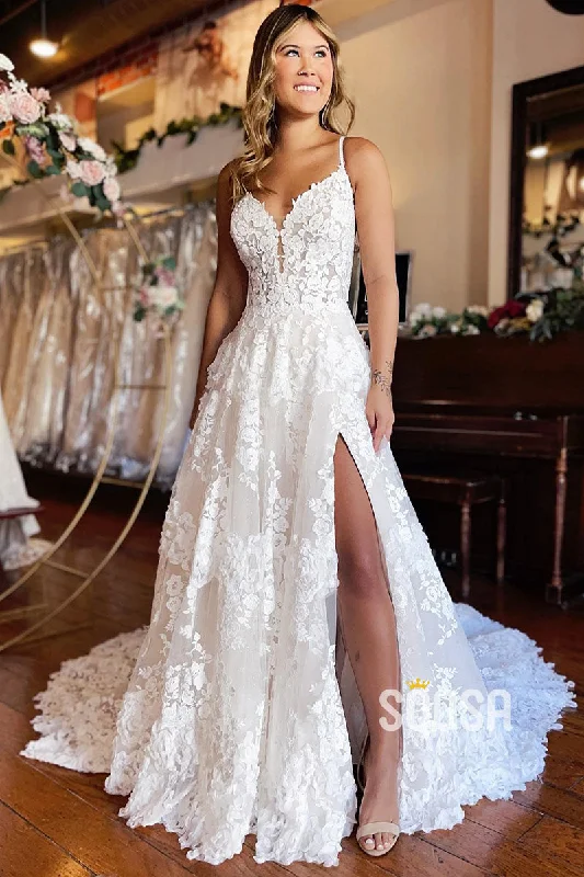 Price Rollback tiered dressA Line V-neck Illusion Lace Wedding Dress with Slit Bridal Gown QW2386